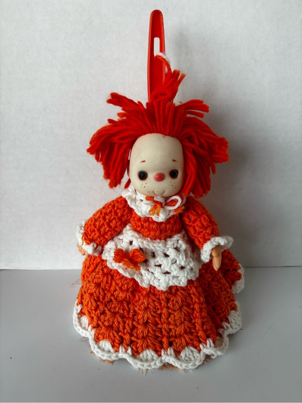 Handmade Feather Duster Plastic Doll Orange Hand Crocheted Dress 12"